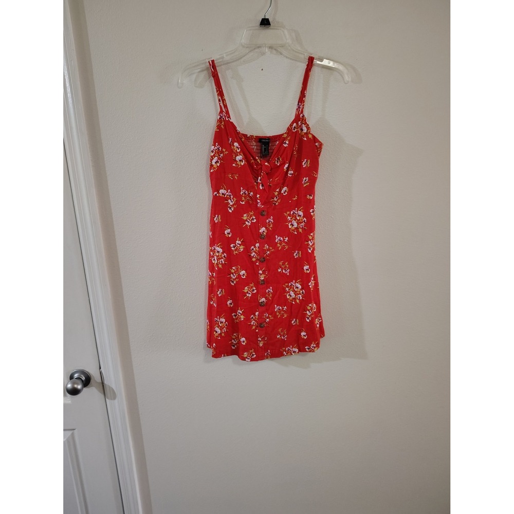 Forever 21 Womens Red Floral Tie Front Button Down Smocked Mini Dress Medium